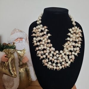 Stella & Dot 3 Strand Clustered Cult Faux Pearl Necklace w/ Swarovski Crystals